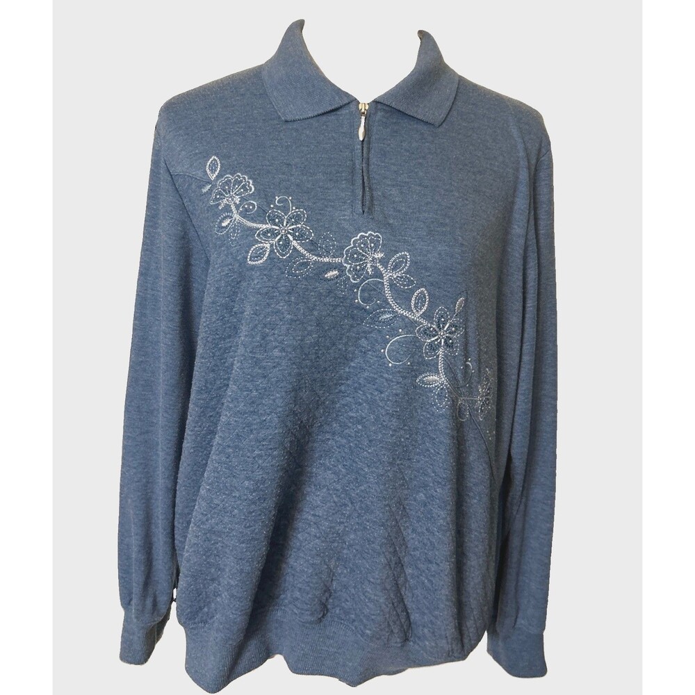 Alfred Dunner Sweater Women's M Embellished Floral Beaded Embroidered 1/4 Zip